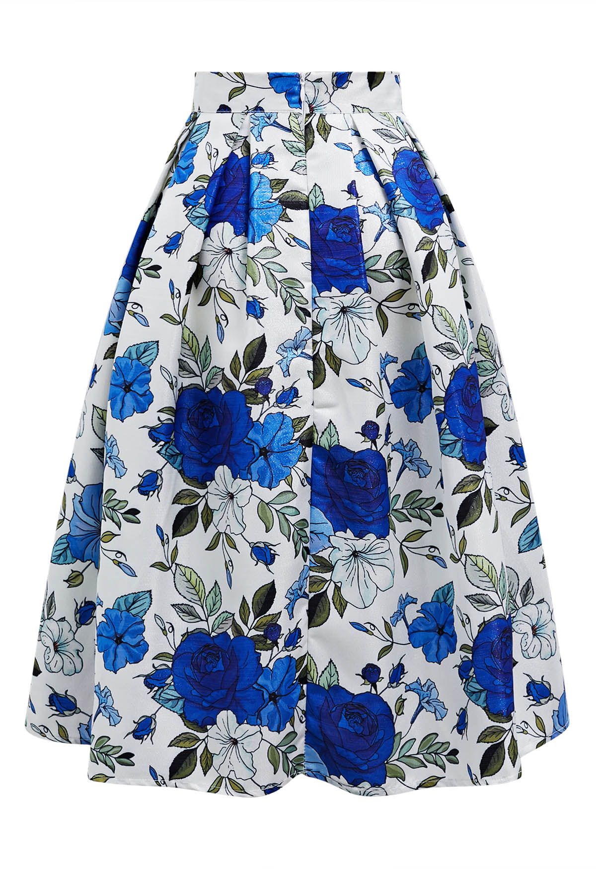 Shimmer Blue Rose Pleated Flare Midi Skirt