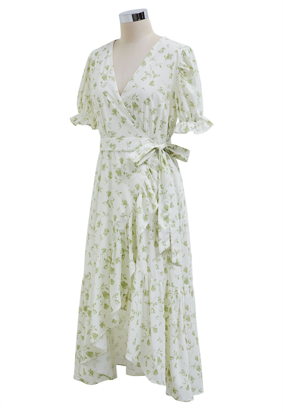 Watercolor Rose Print Wrap Midi Dress in Pistachio