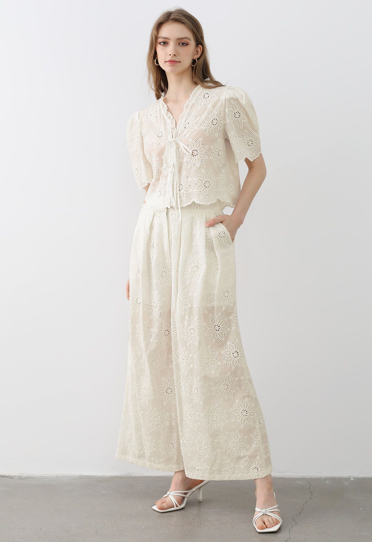 Sunflower Eyelet Embroidered Puff Sleeve Top and Pants Set in Cream