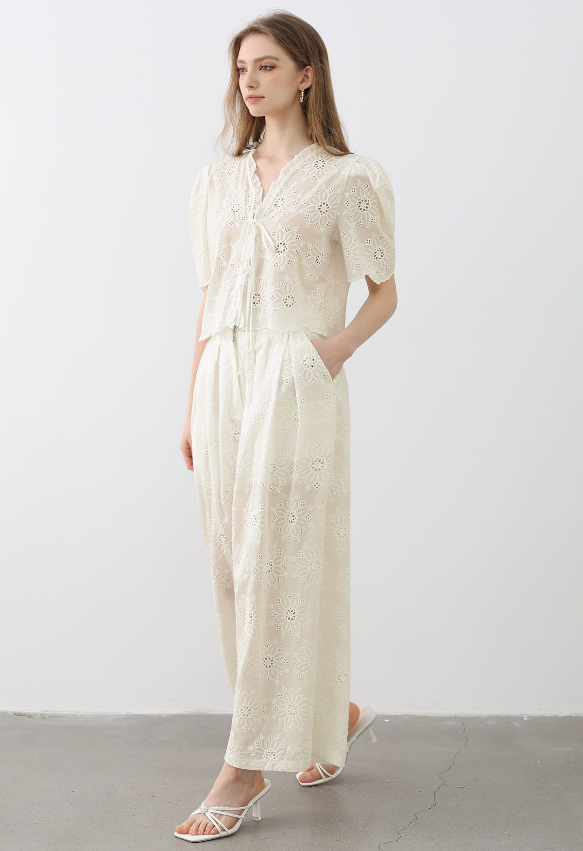 Sunflower Eyelet Embroidered Puff Sleeve Top and Pants Set in Cream