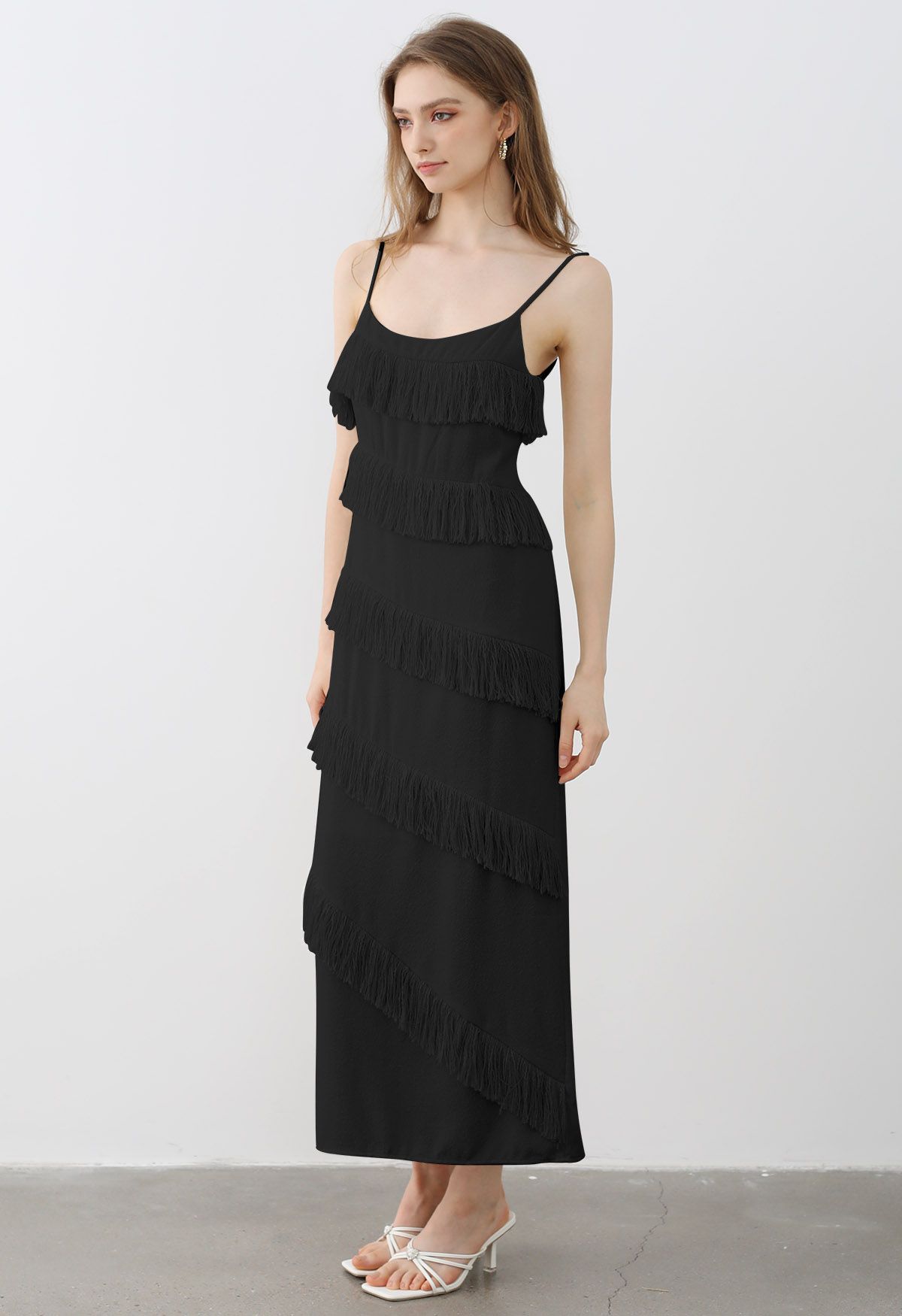 Playful Fringe Textured Cami Dress in Black