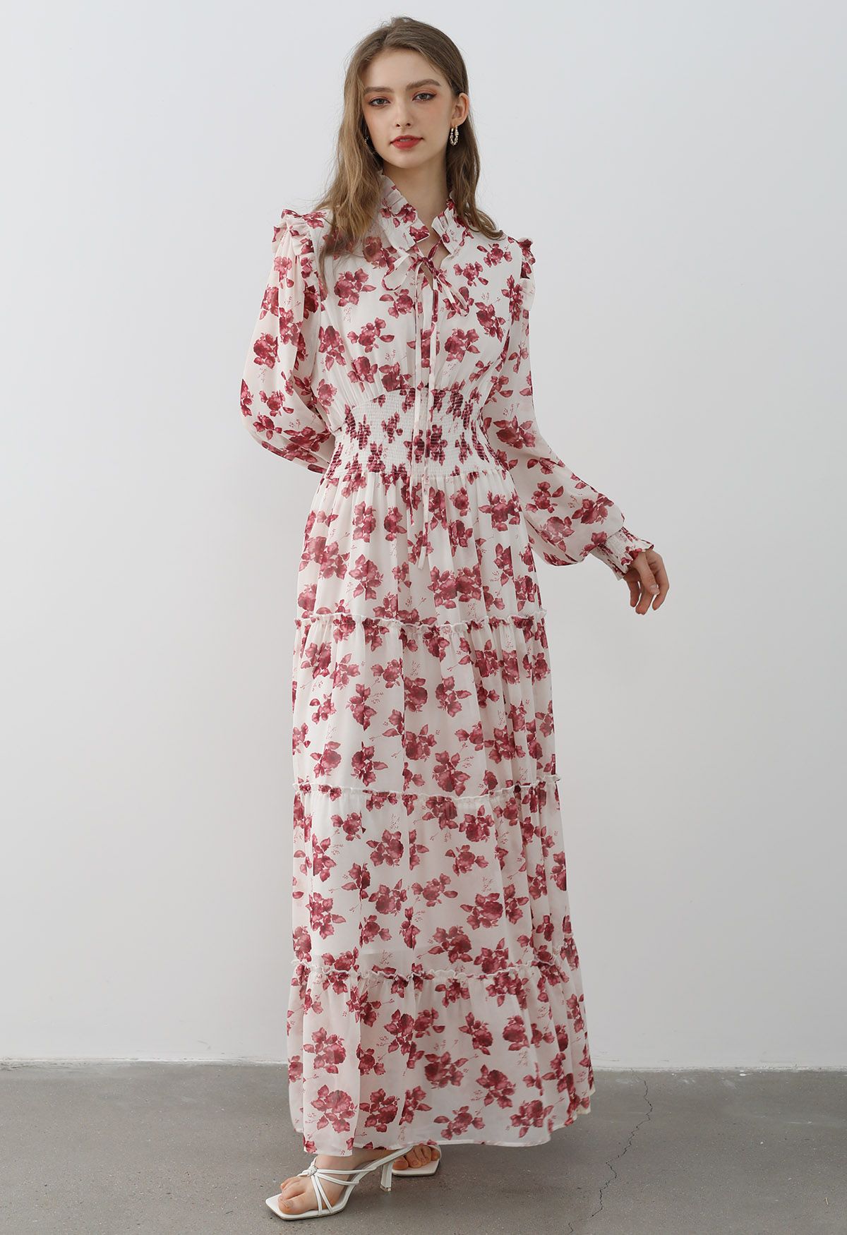 Darling Red Floral Tie Neck Maxi Dress