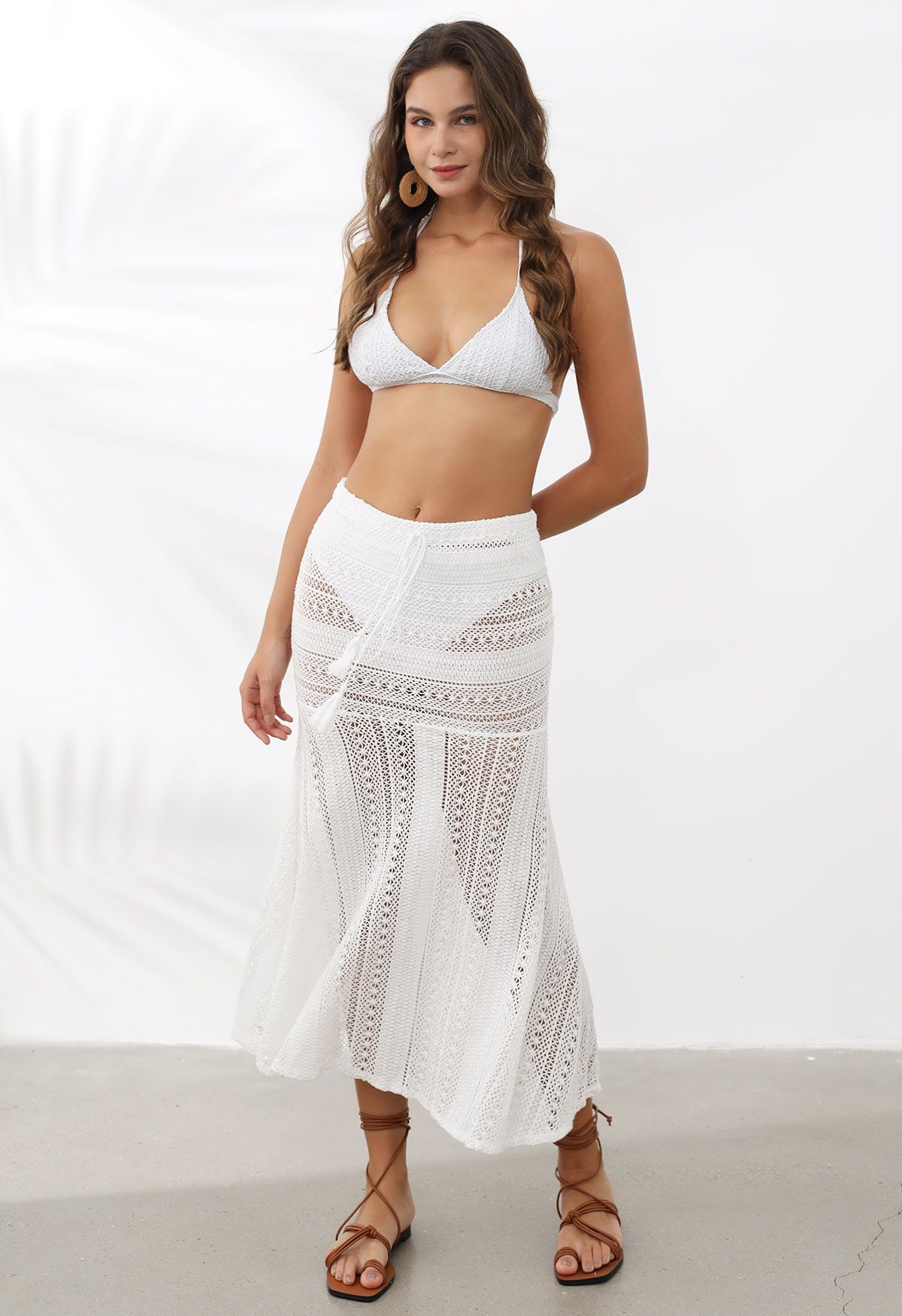 Basic Crochet Trim Tie-Neck Bikini Cover-Up Set