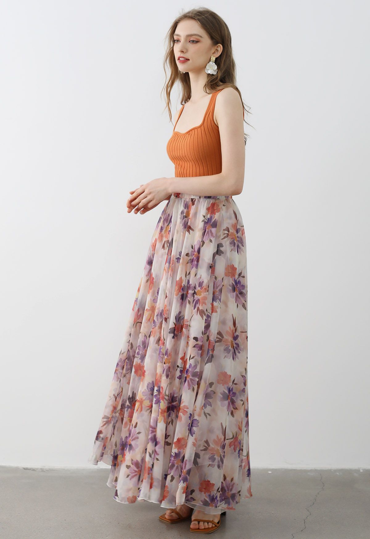 Sunlight Orange Floral Printed Chiffon Maxi Skirt