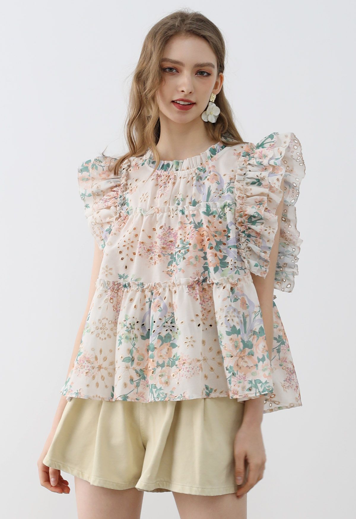 Metallic Embroidered Floral Print Sleeveless Dolly Top
