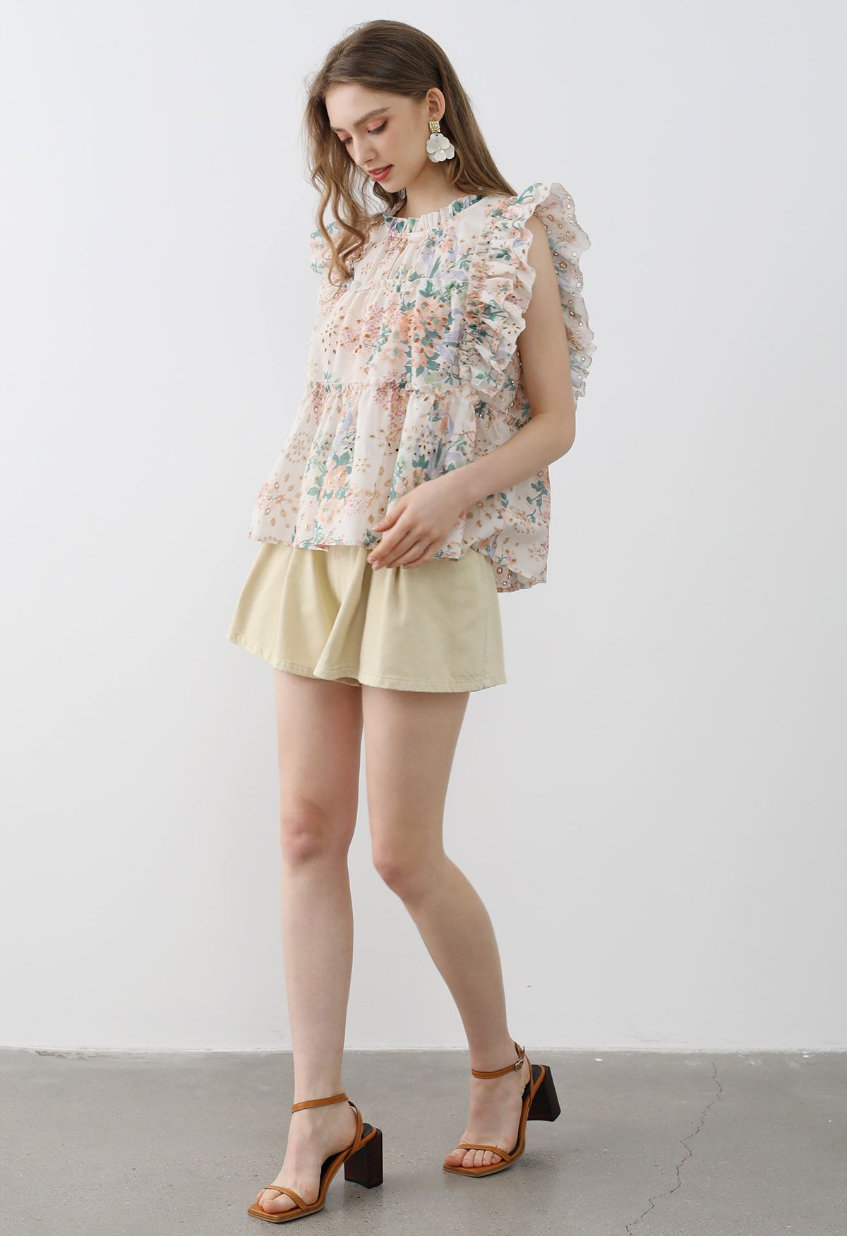 Metallic Embroidered Floral Print Sleeveless Dolly Top