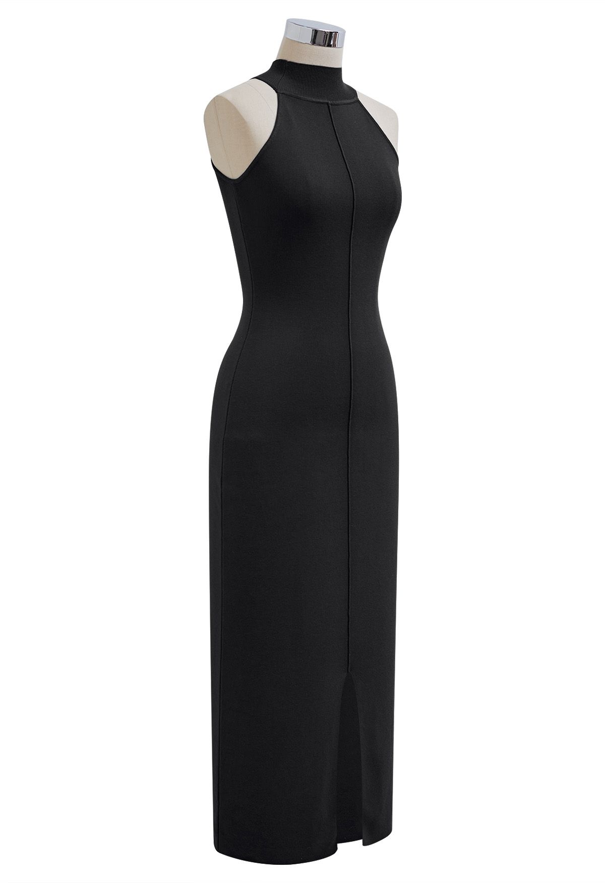 Seam Detailing Halter Bodycon Knit Dress in Black