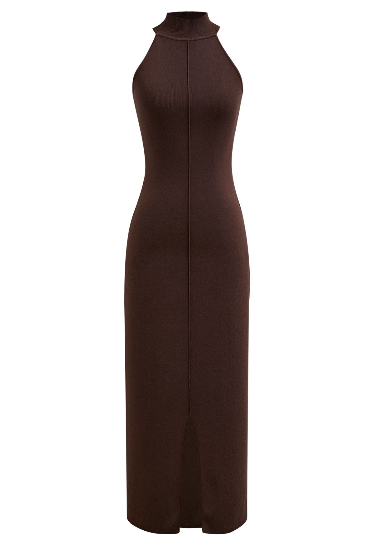 Seam Detailing Halter Bodycon Knit Dress in Brown