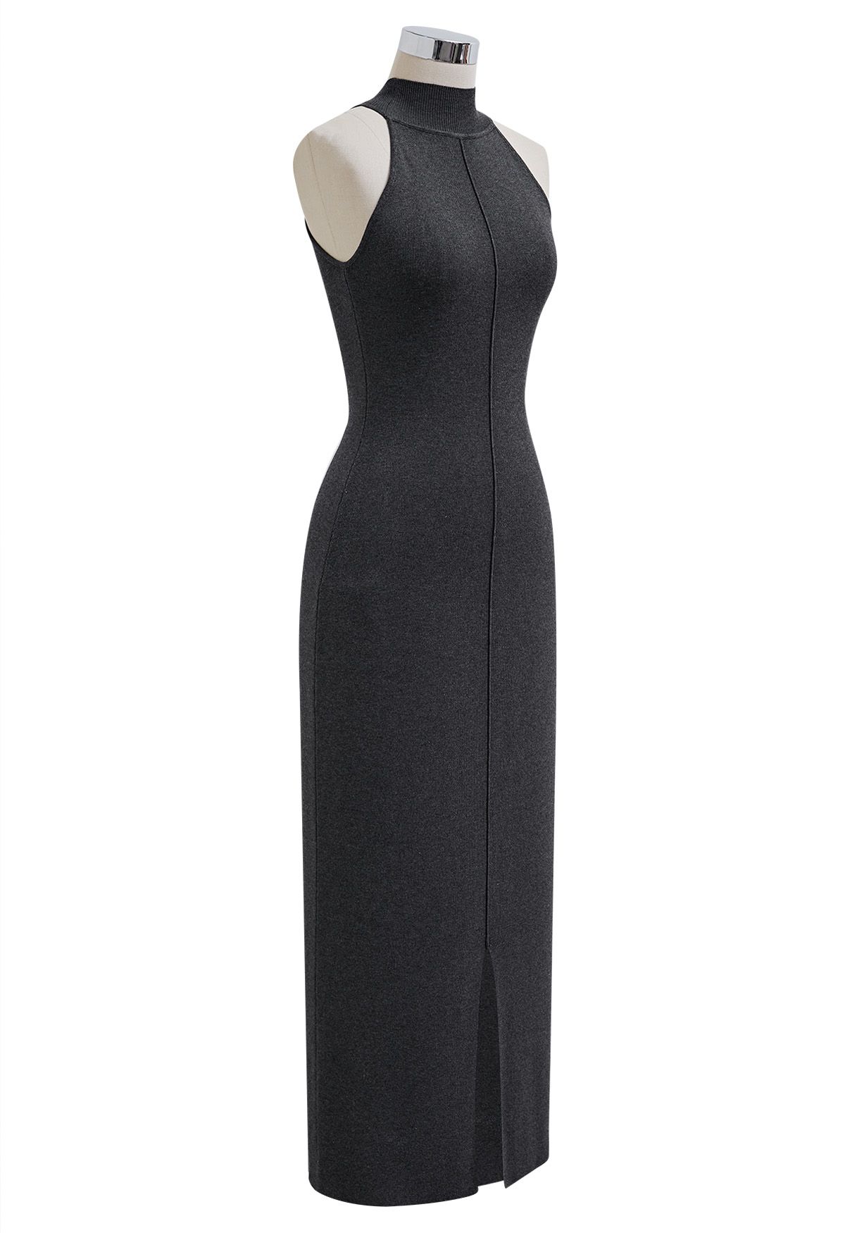 Seam Detailing Halter Bodycon Knit Dress in Smoke