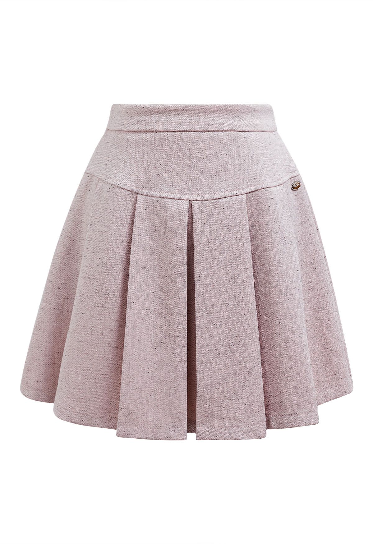 Chic Tweed Sleeveless Top and Pleated Mini Skirt Set in Pink