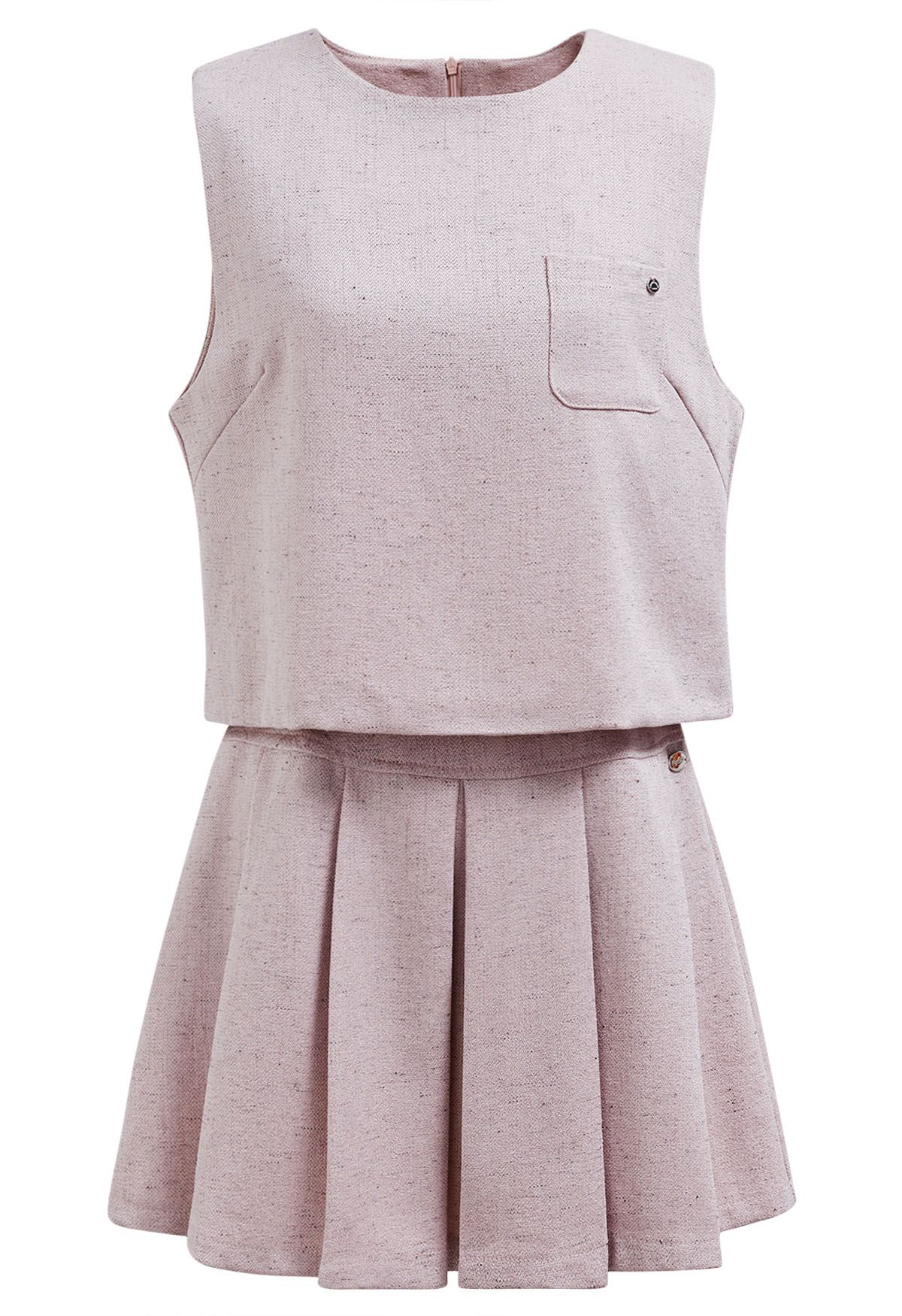 Chic Tweed Sleeveless Top and Pleated Mini Skirt Set in Pink