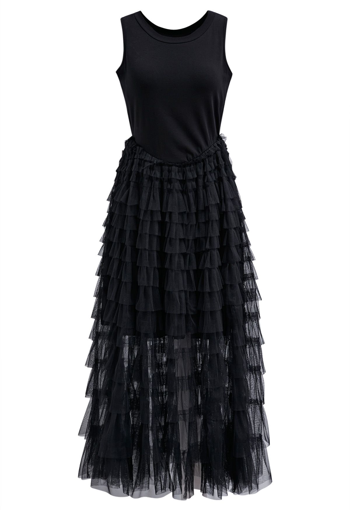 Tiered Mesh Spliced Sleeveless Maxi Dress in Black