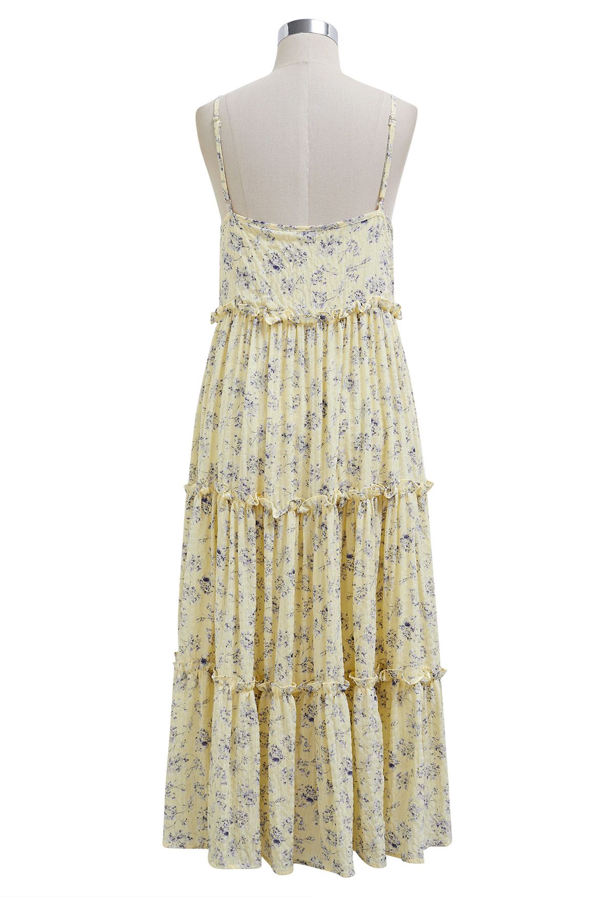 Floral Front Buttoned Ruffled Trim Cami Midi Dress in Light Yellow