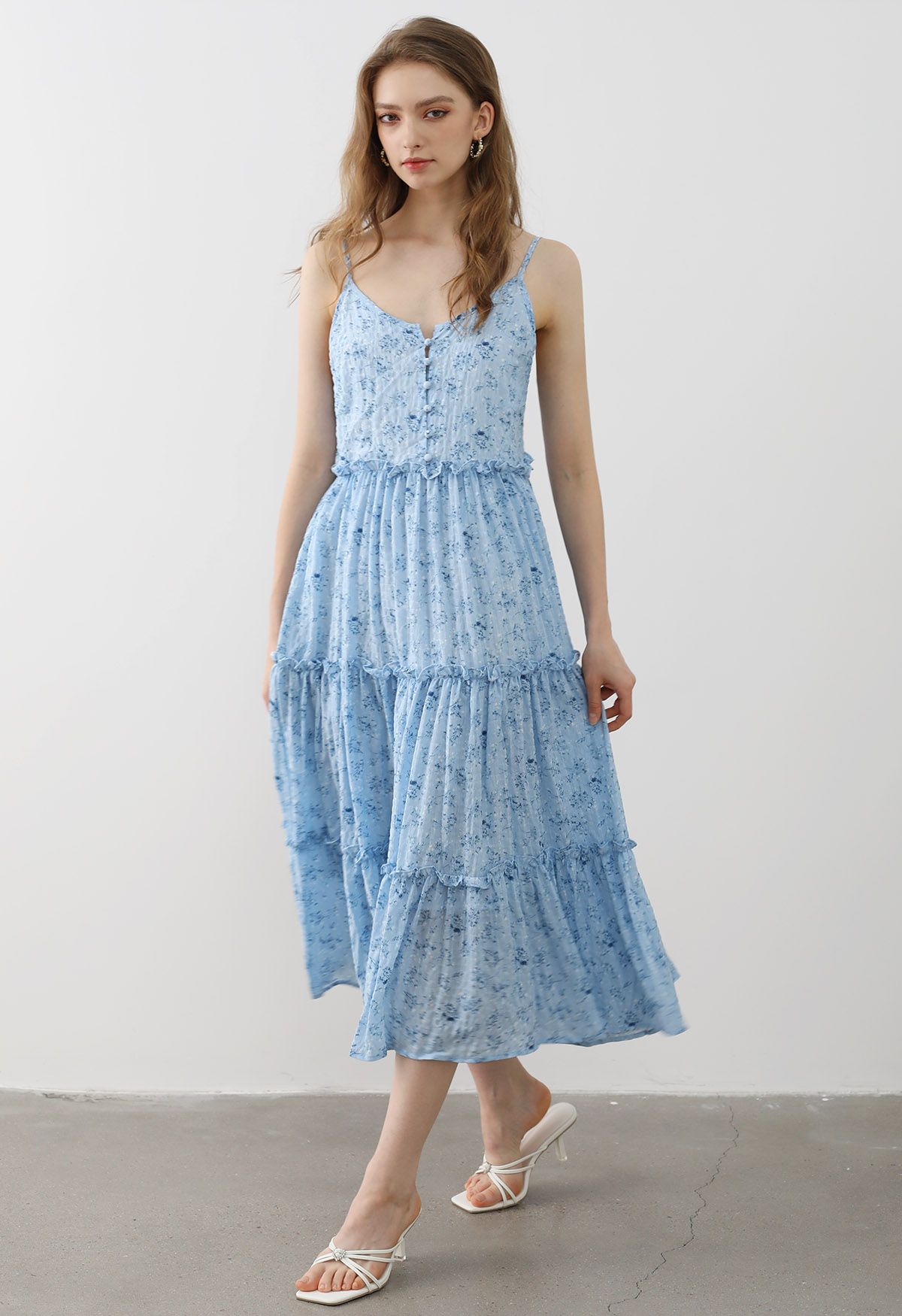 Floral Front Buttoned Ruffled Trim Cami Midi Dress in Blue