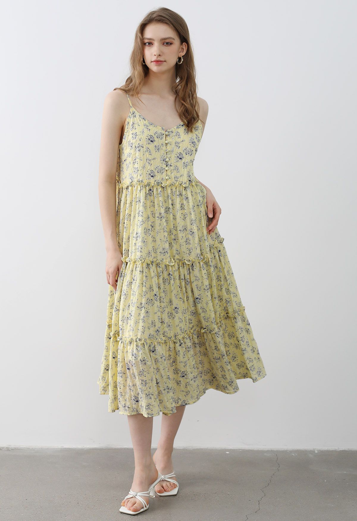 Floral Front Buttoned Ruffled Trim Cami Midi Dress in Light Yellow