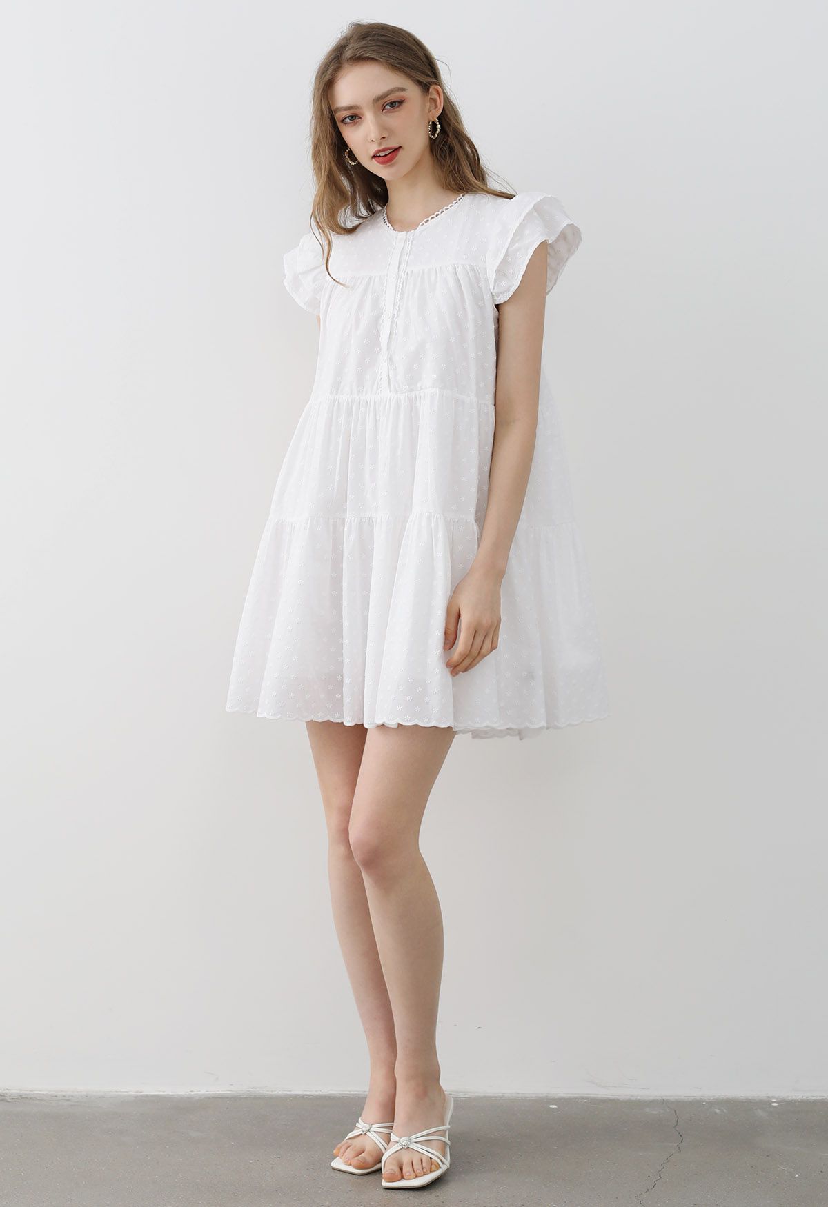 Lovely Floret Embroidered Dolly Mini Dress in White