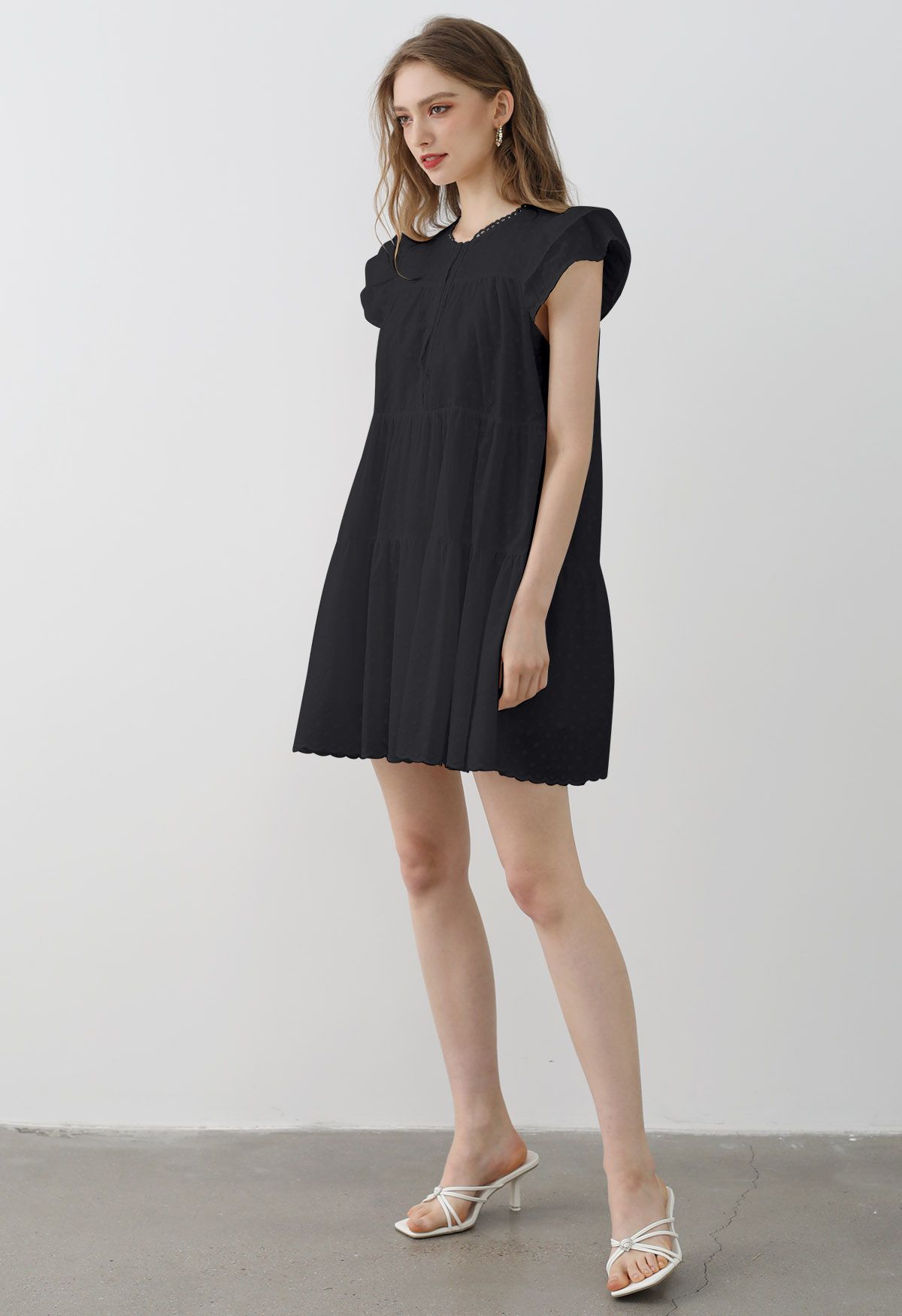 Lovely Floret Embroidered Dolly Mini Dress in Black