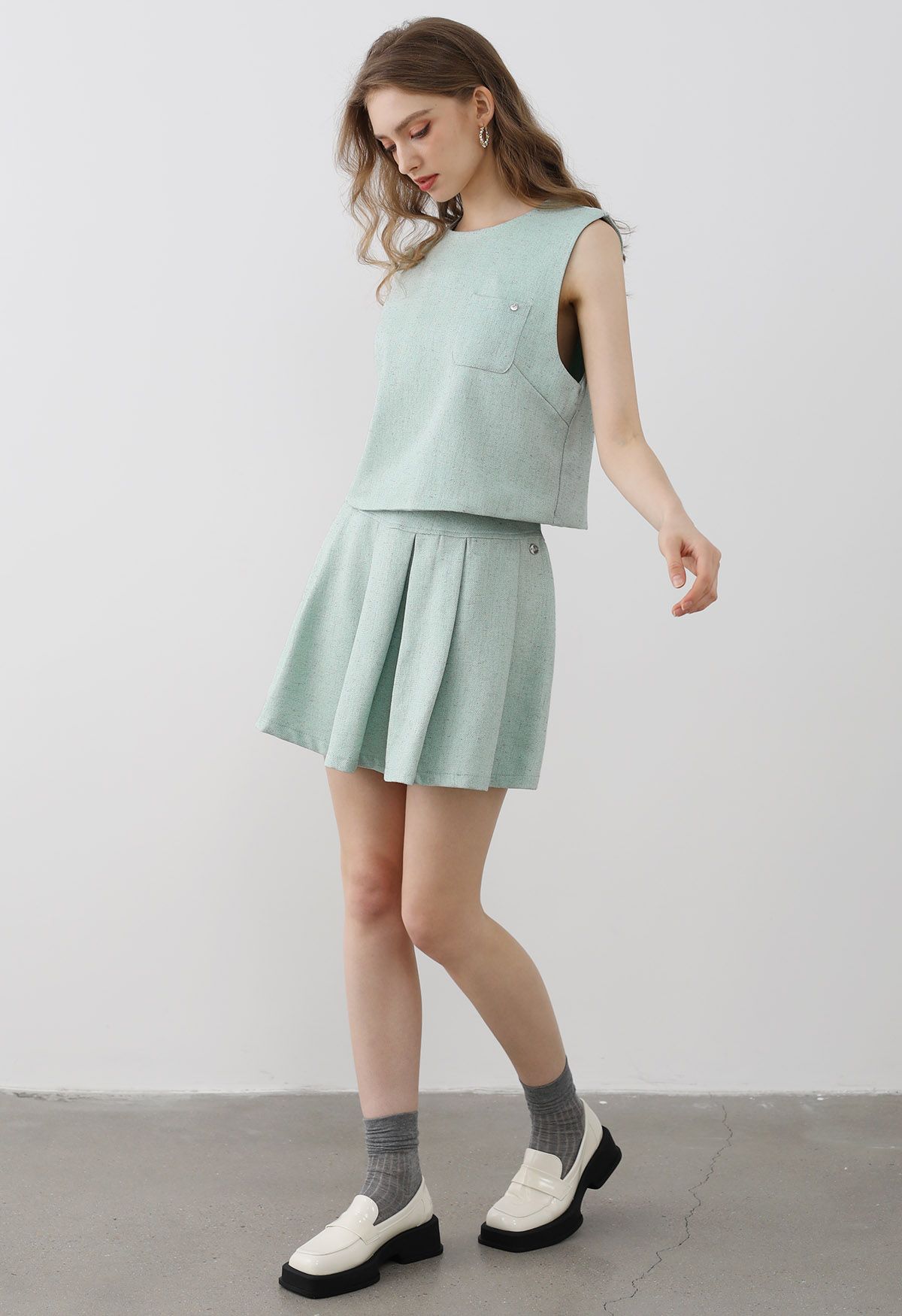 Chic Tweed Sleeveless Top and Pleated Mini Skirt Set in Mint