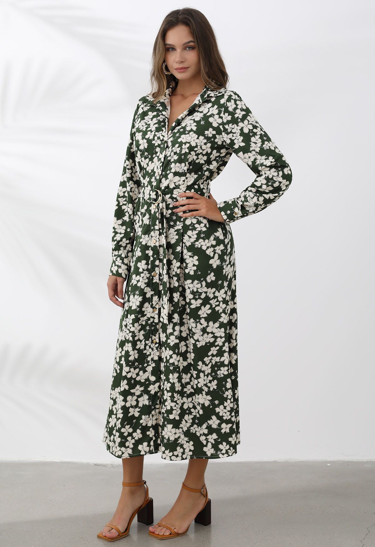 V-Neck Collared Floral Printed Belted Maxi Dress