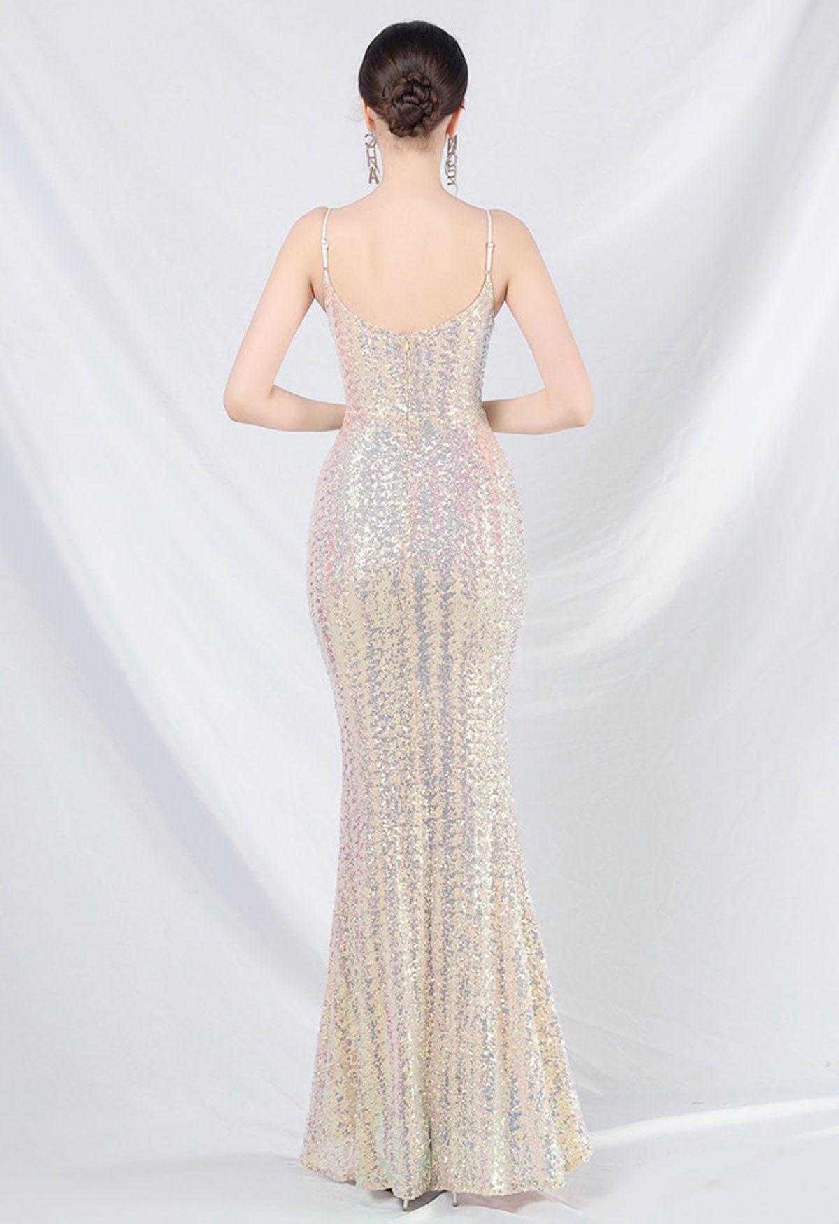 Fairytale Sequin Mermaid Cami Gown in Apricot