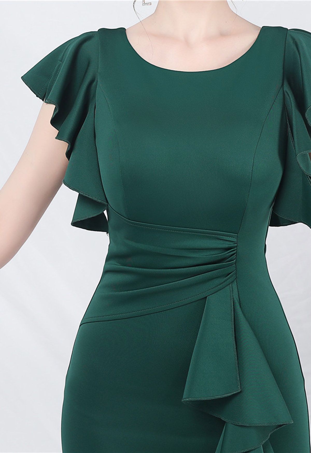 Glamorous Ruffle Trim Slit Mermaid Gown in Dark Green