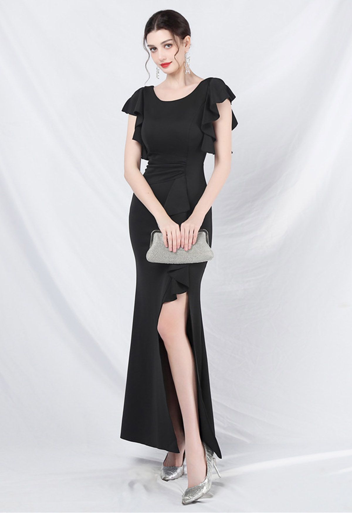 Glamorous Ruffle Trim Slit Mermaid Gown in Black