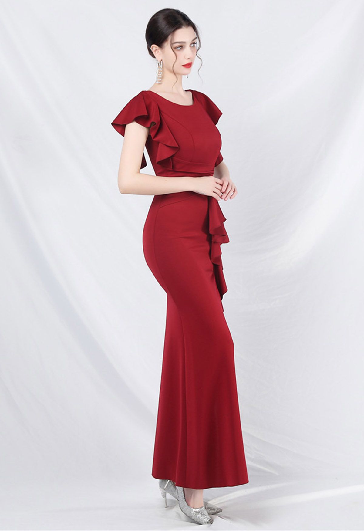 Glamorous Ruffle Trim Slit Mermaid Gown in Red