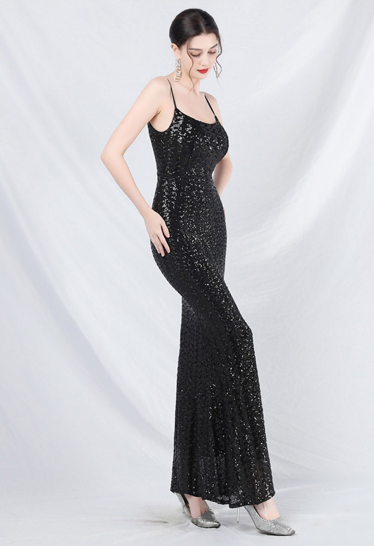 Fairytale Sequin Mermaid Cami Gown in Black