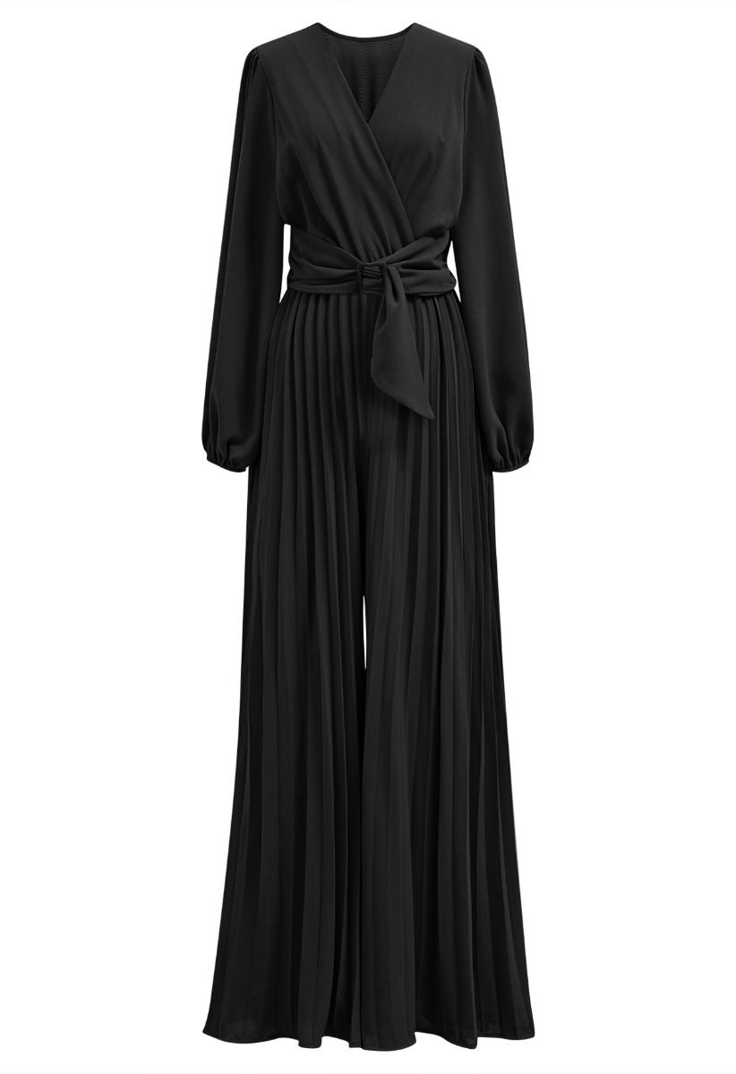 Sash Adorned Wide Leg Pleated Jumpsuit in Black