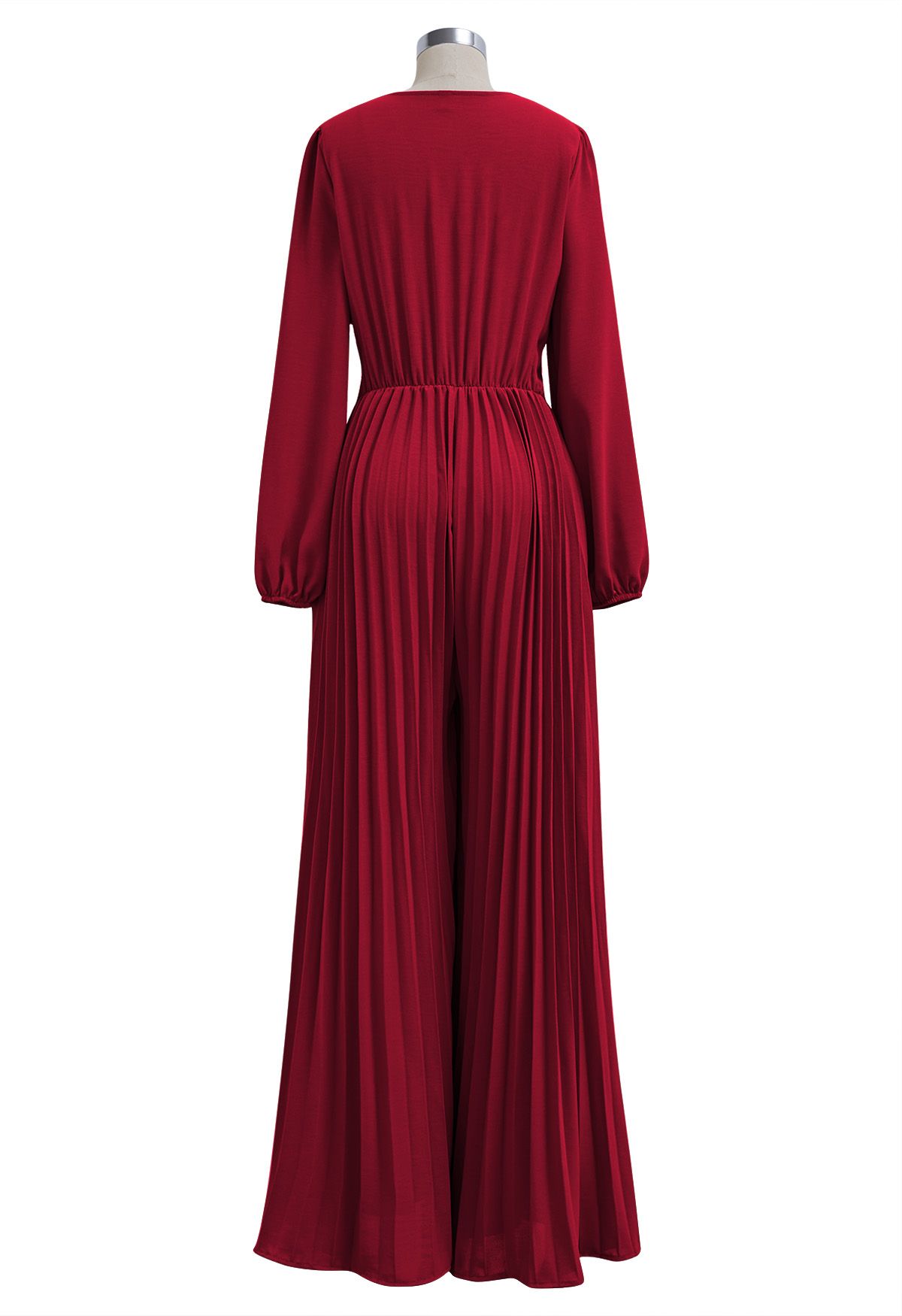 Sash Adorned Wide Leg Pleated Jumpsuit in Red