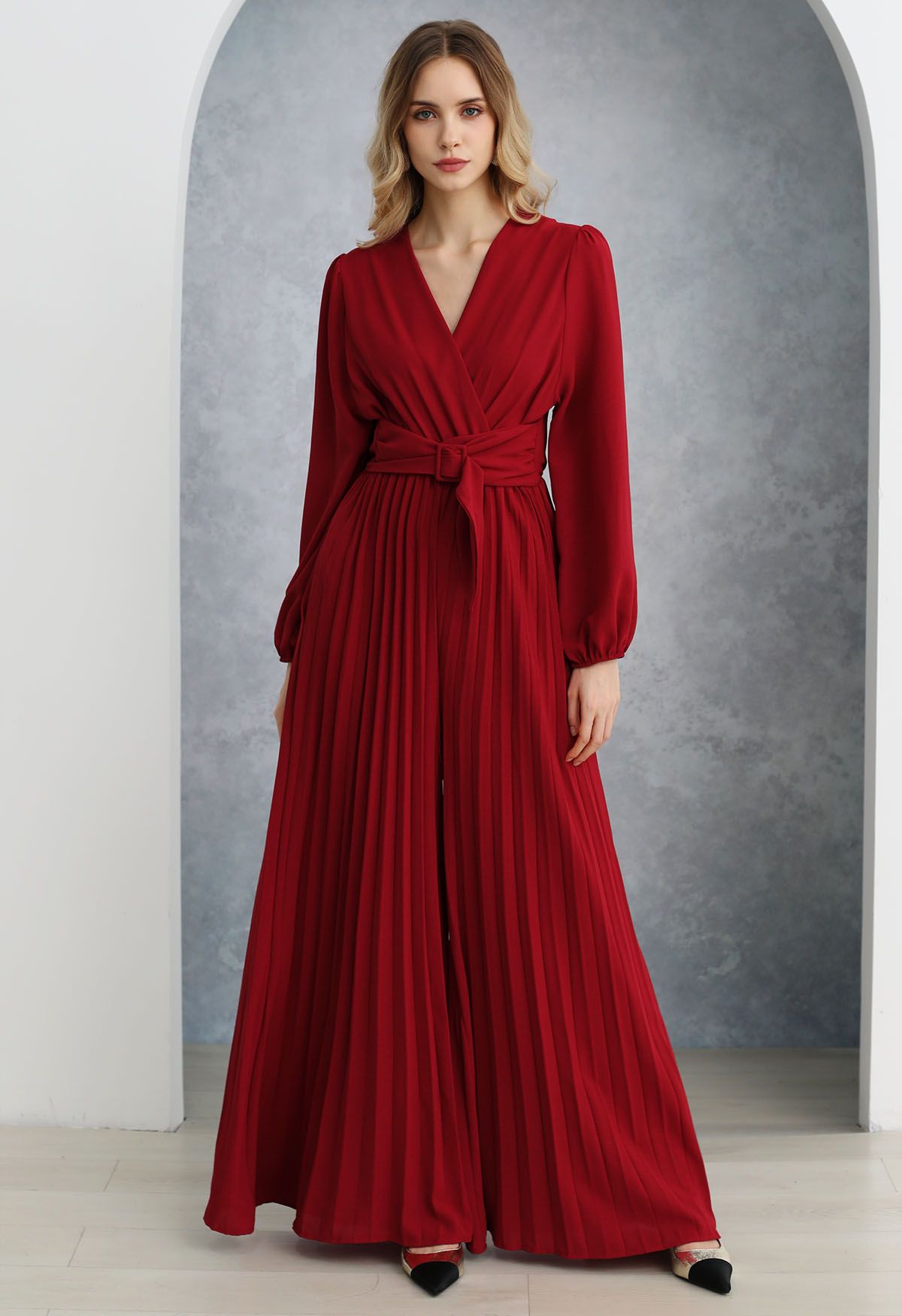 Sash Adorned Wide Leg Pleated Jumpsuit in Red