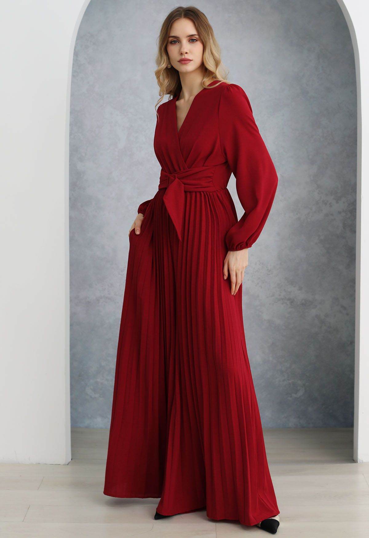 Sash Adorned Wide Leg Pleated Jumpsuit in Red