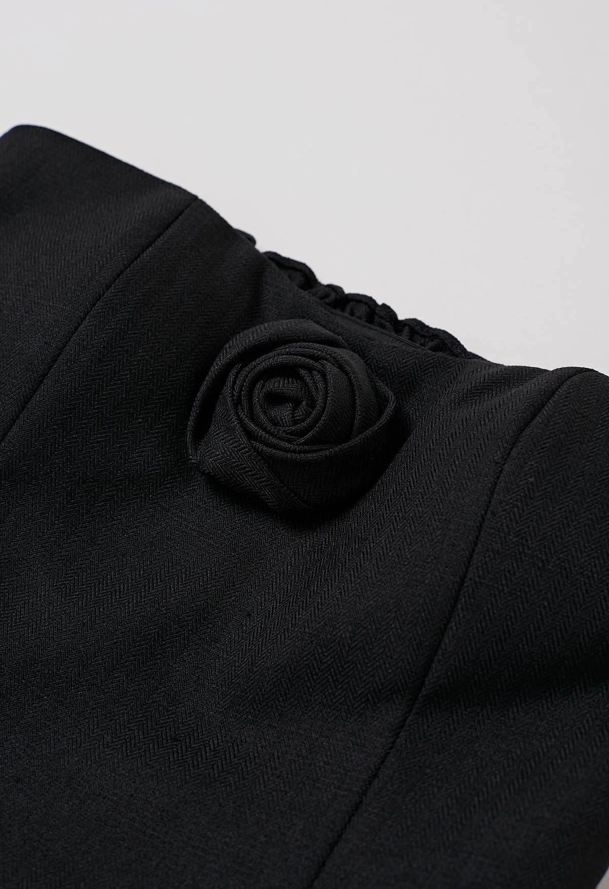3D Rose Shirred Back Tube Top in Black
