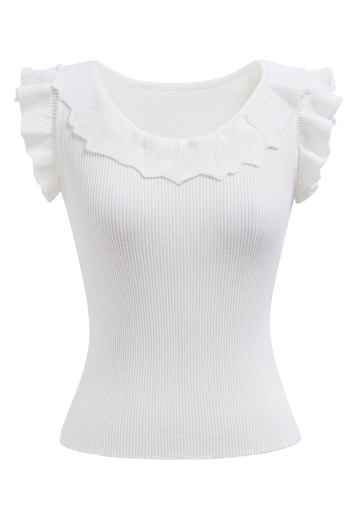 Ethereal Ruffle Sleeveless Knit Top in White