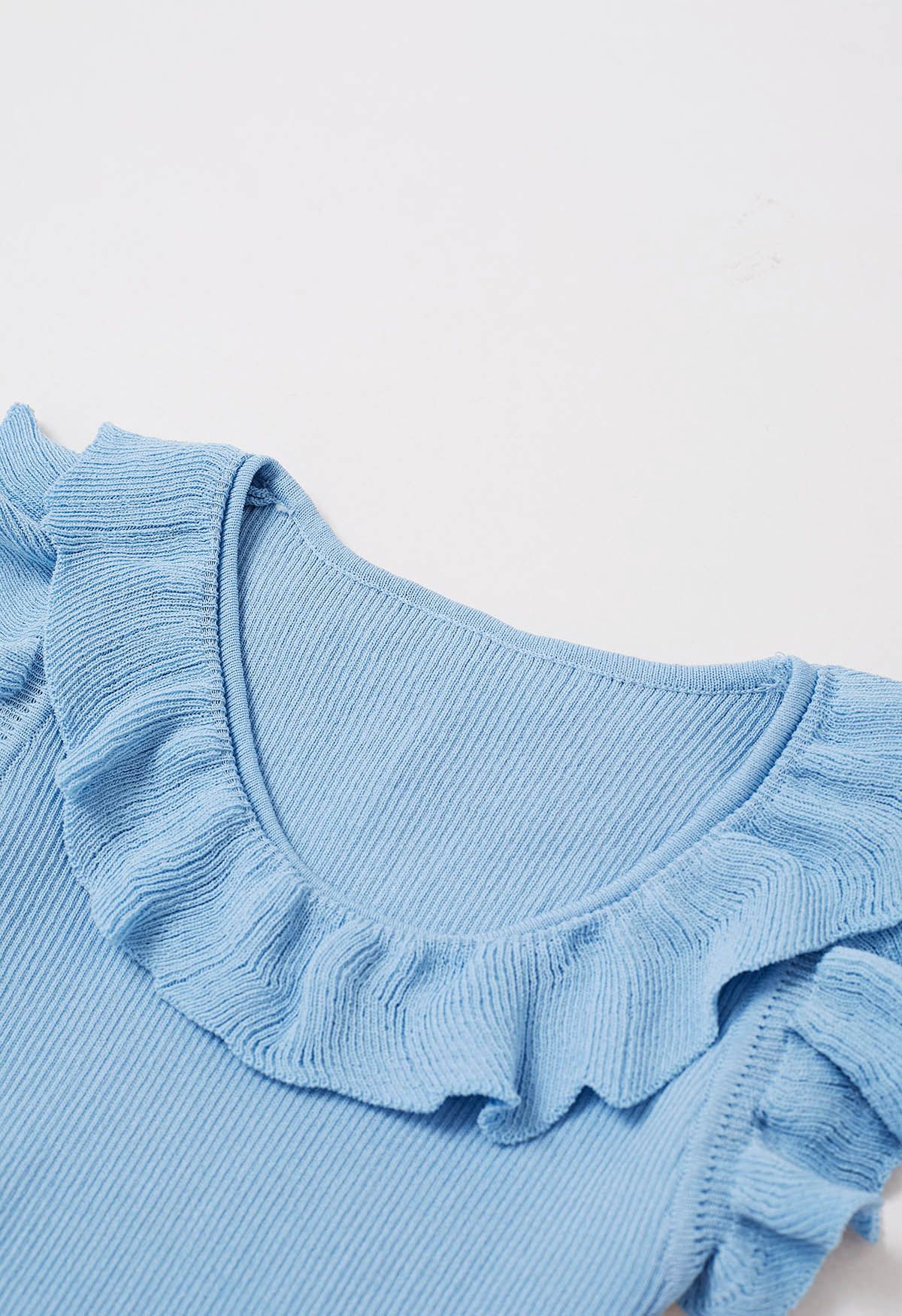 Ethereal Ruffle Sleeveless Knit Top in Blue