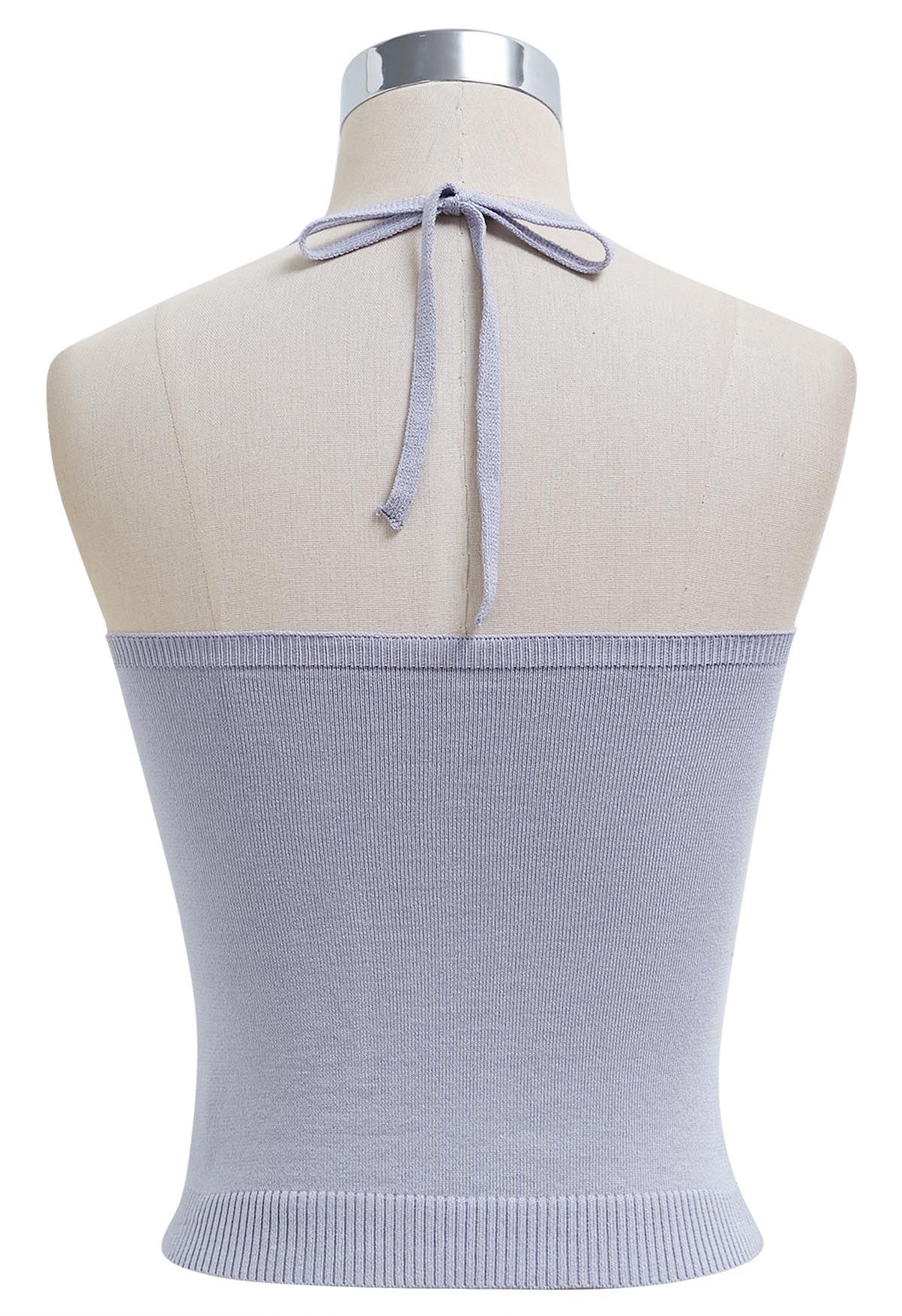 Pintuck Detail Halter Knit Top in Lavender