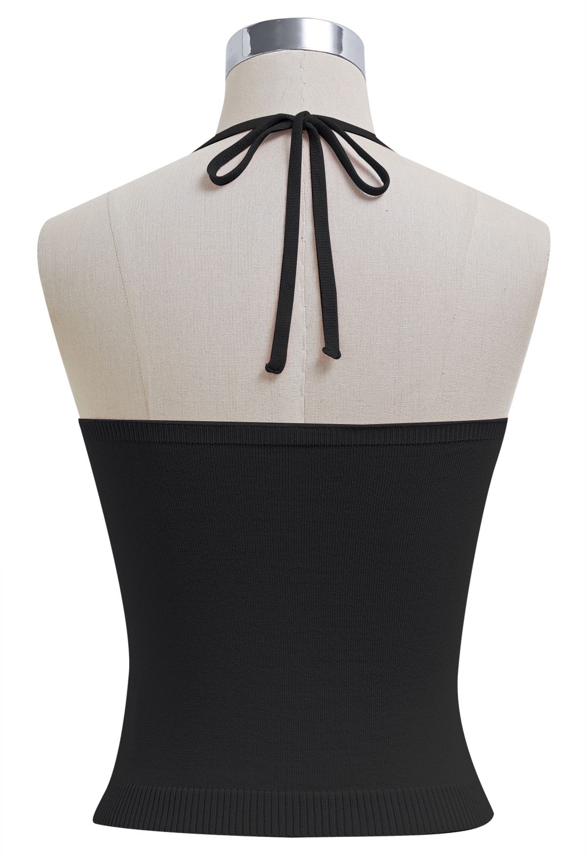 Pintuck Detail Halter Knit Top in Black