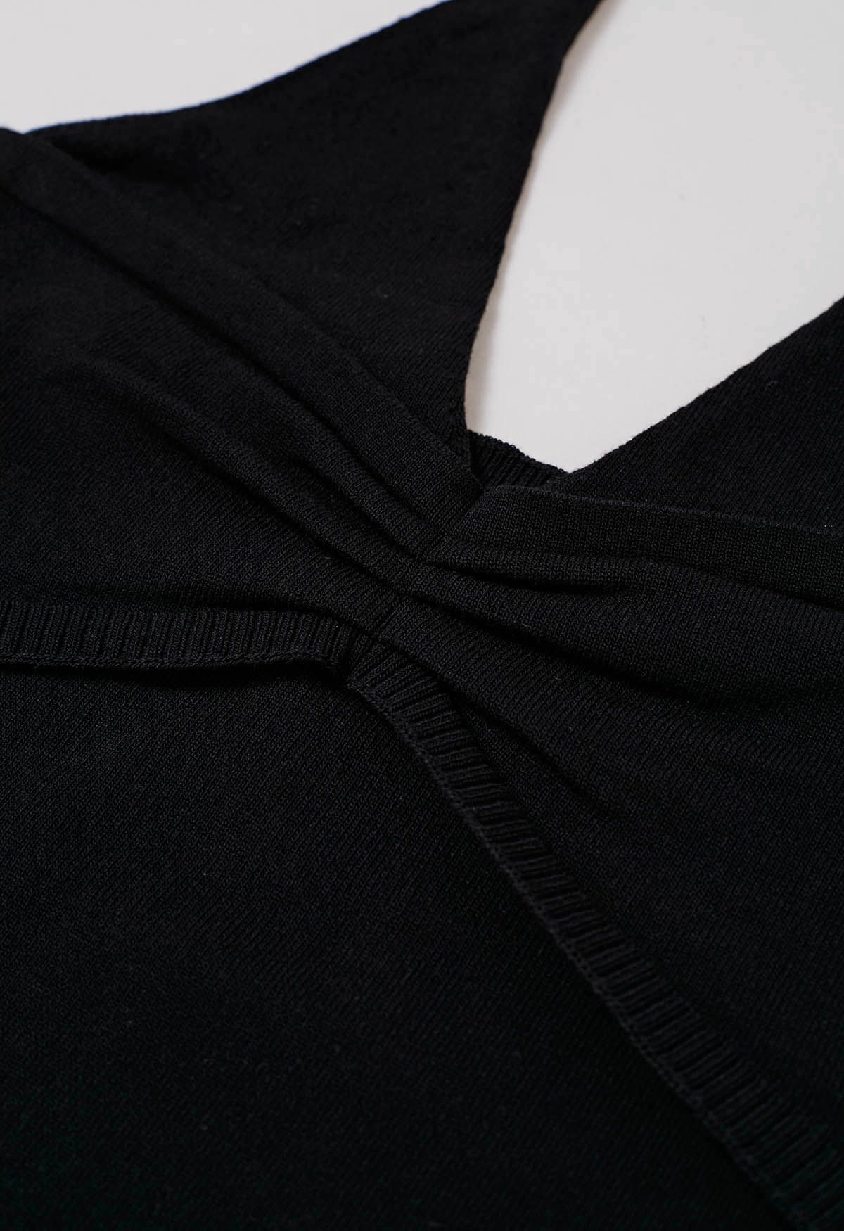 Pintuck Detail Halter Knit Top in Black