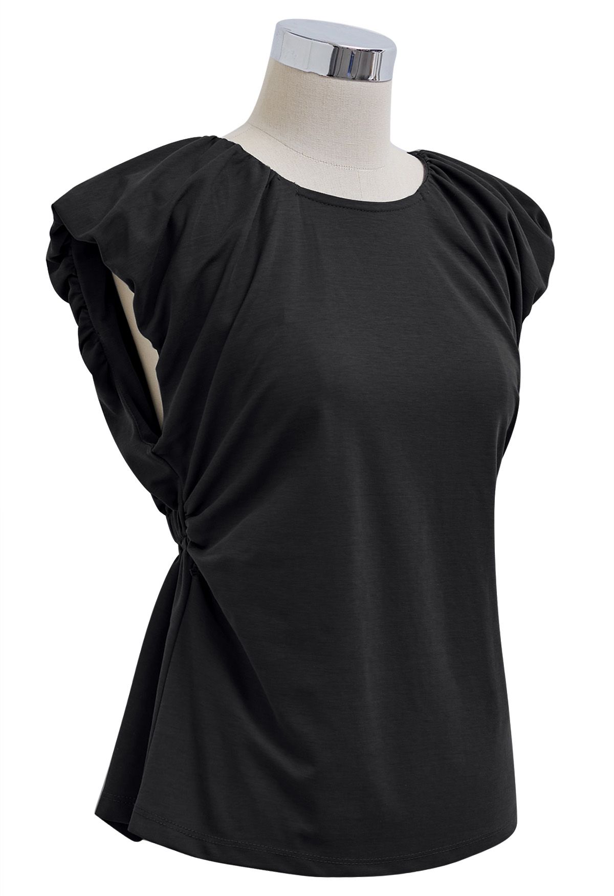 Cutout Back Ruched Detail Sleeveless Top in Black