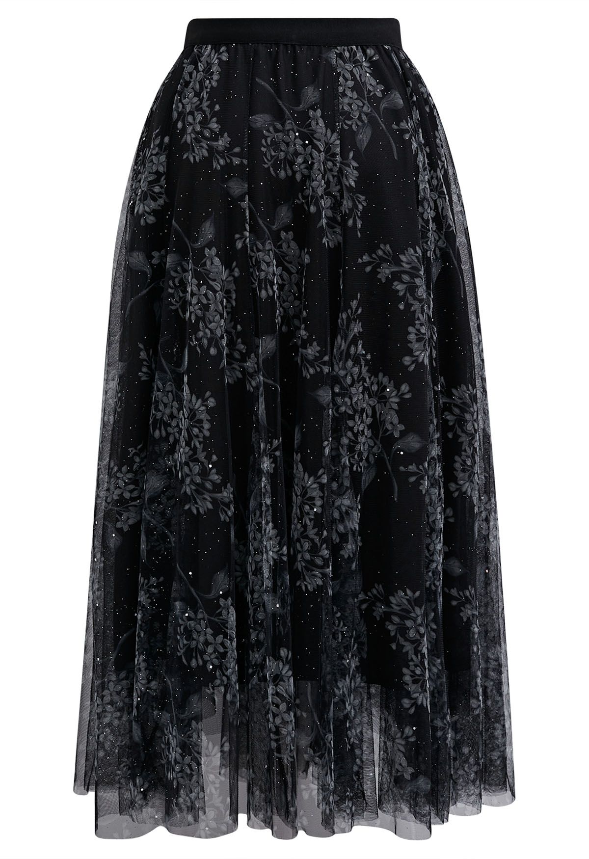 Shimmer Floral Mesh Tulle Midi Skirt in Black