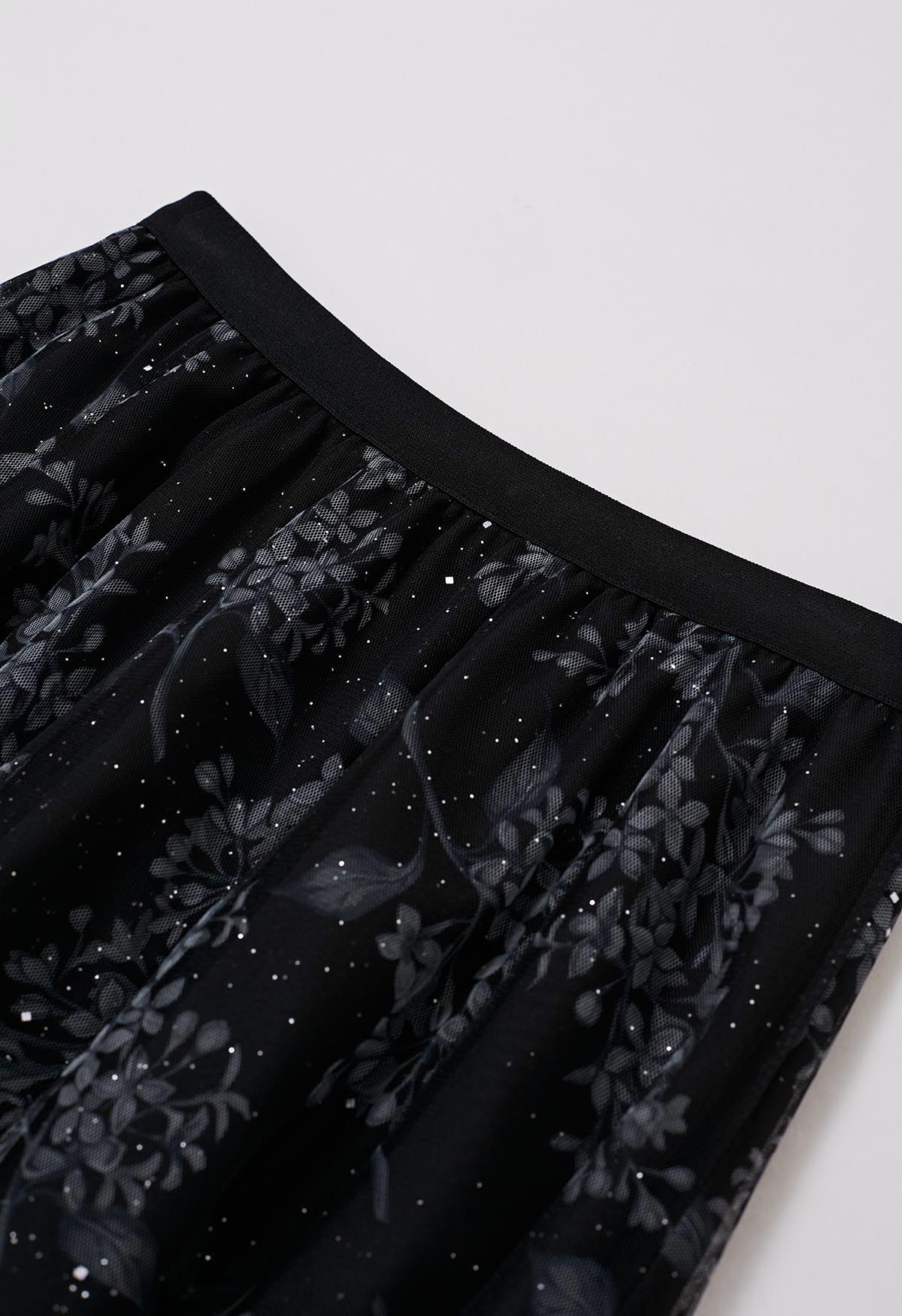 Shimmer Floral Mesh Tulle Midi Skirt in Black
