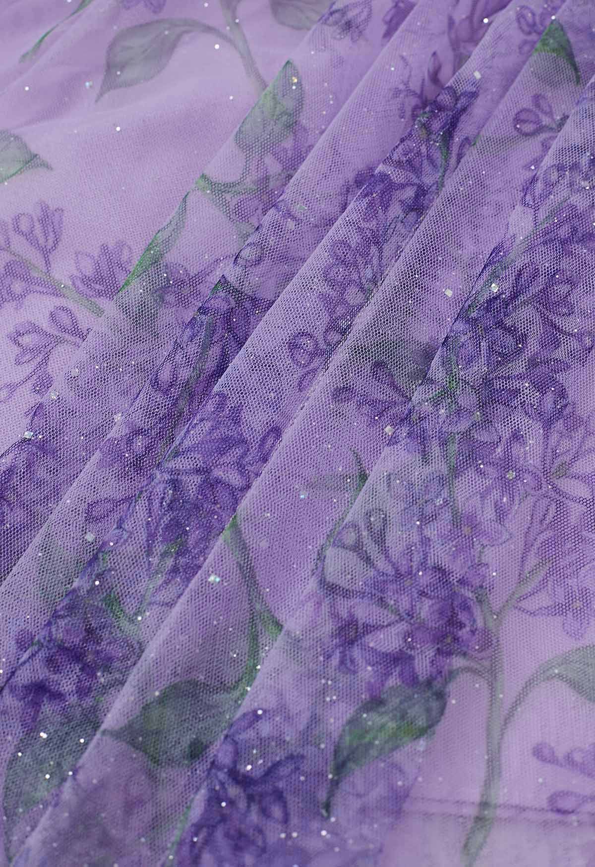Shimmer Floral Mesh Tulle Midi Skirt in Purple