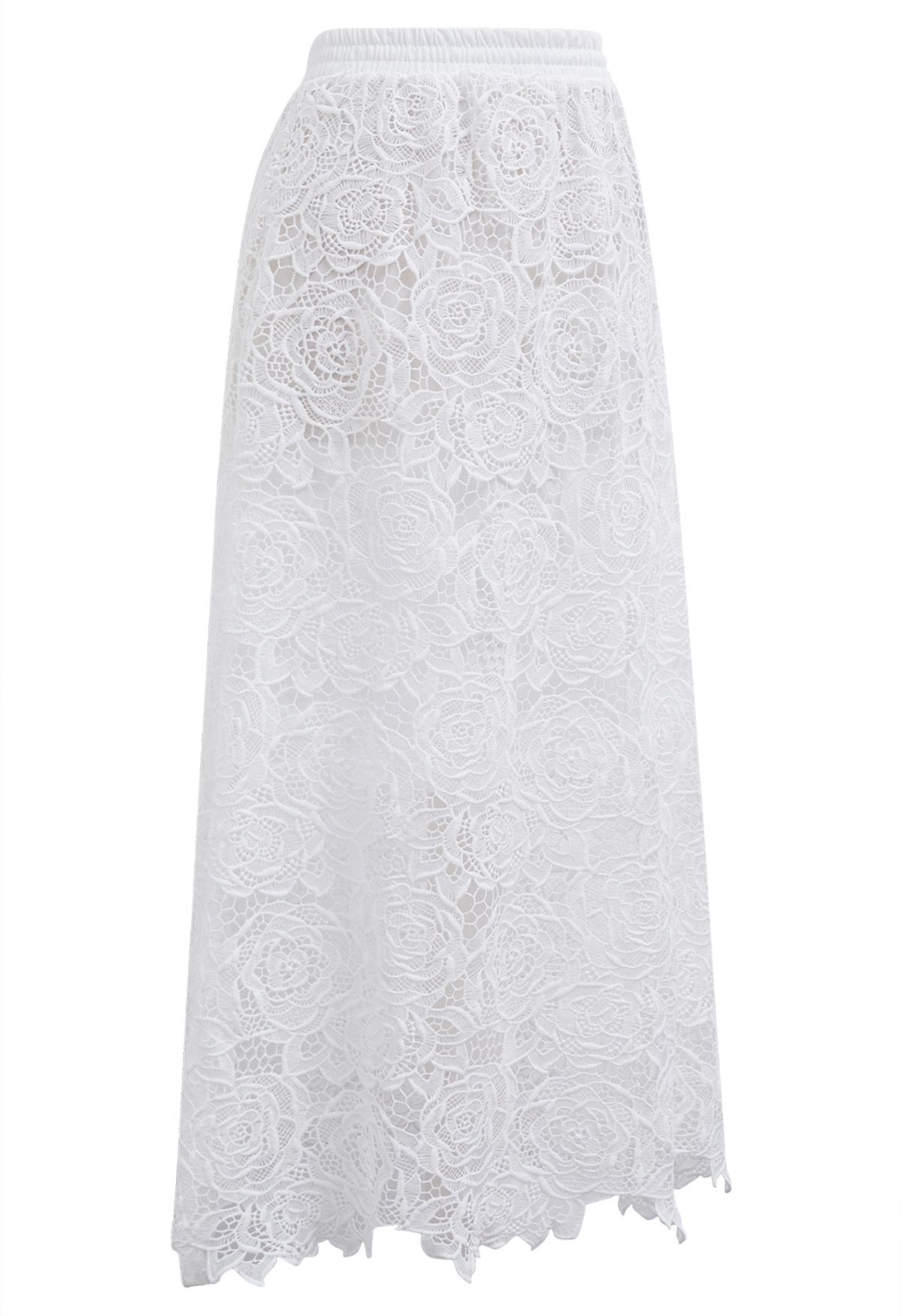 Exquisite Rose Cutwork Lace Maxi Skirt in White