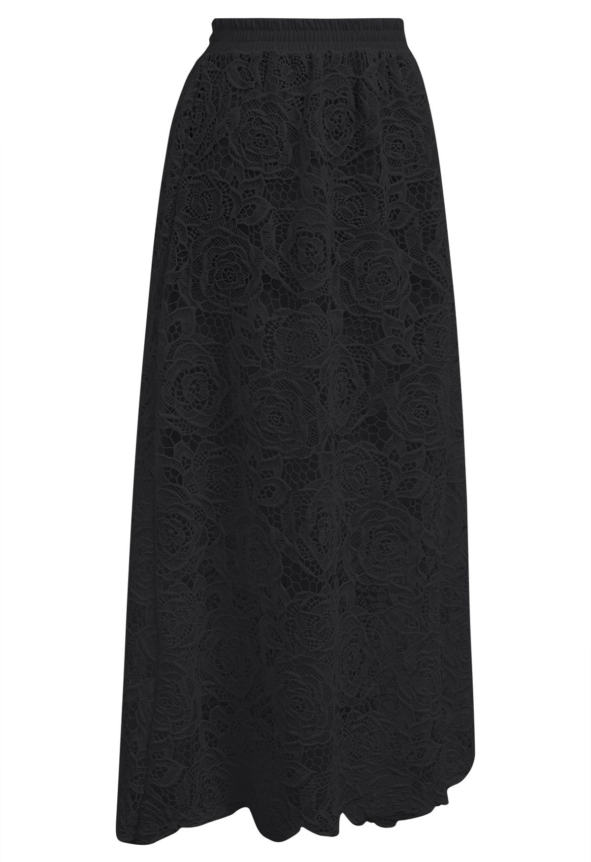 Exquisite Rose Cutwork Lace Maxi Skirt in Black
