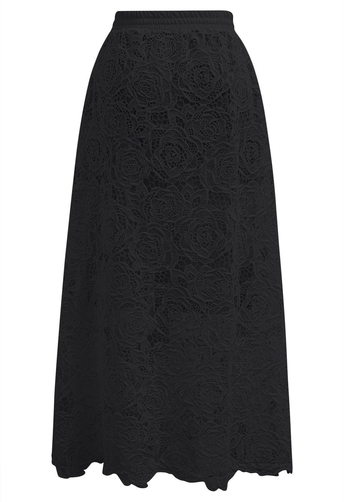Exquisite Rose Cutwork Lace Maxi Skirt in Black
