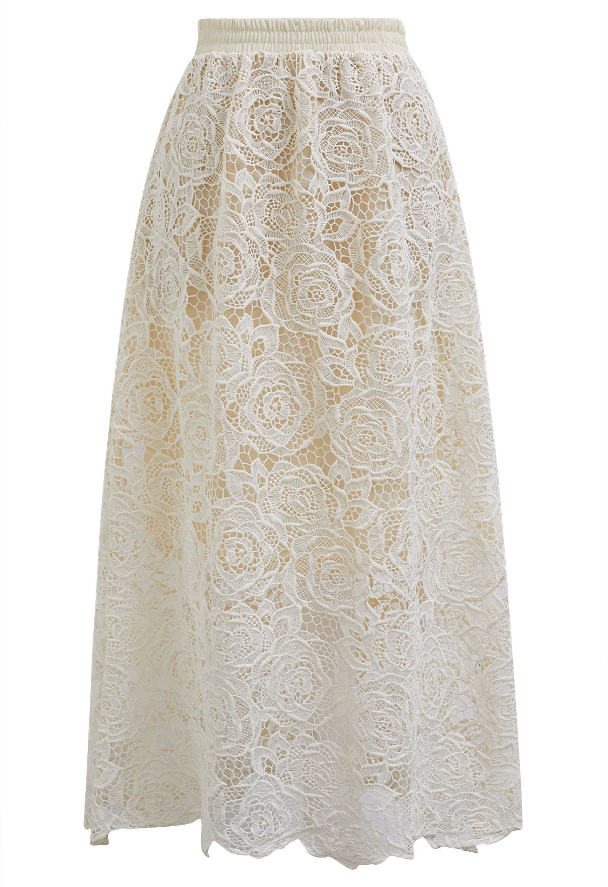 Exquisite Rose Cutwork Lace Maxi Skirt in Cream
