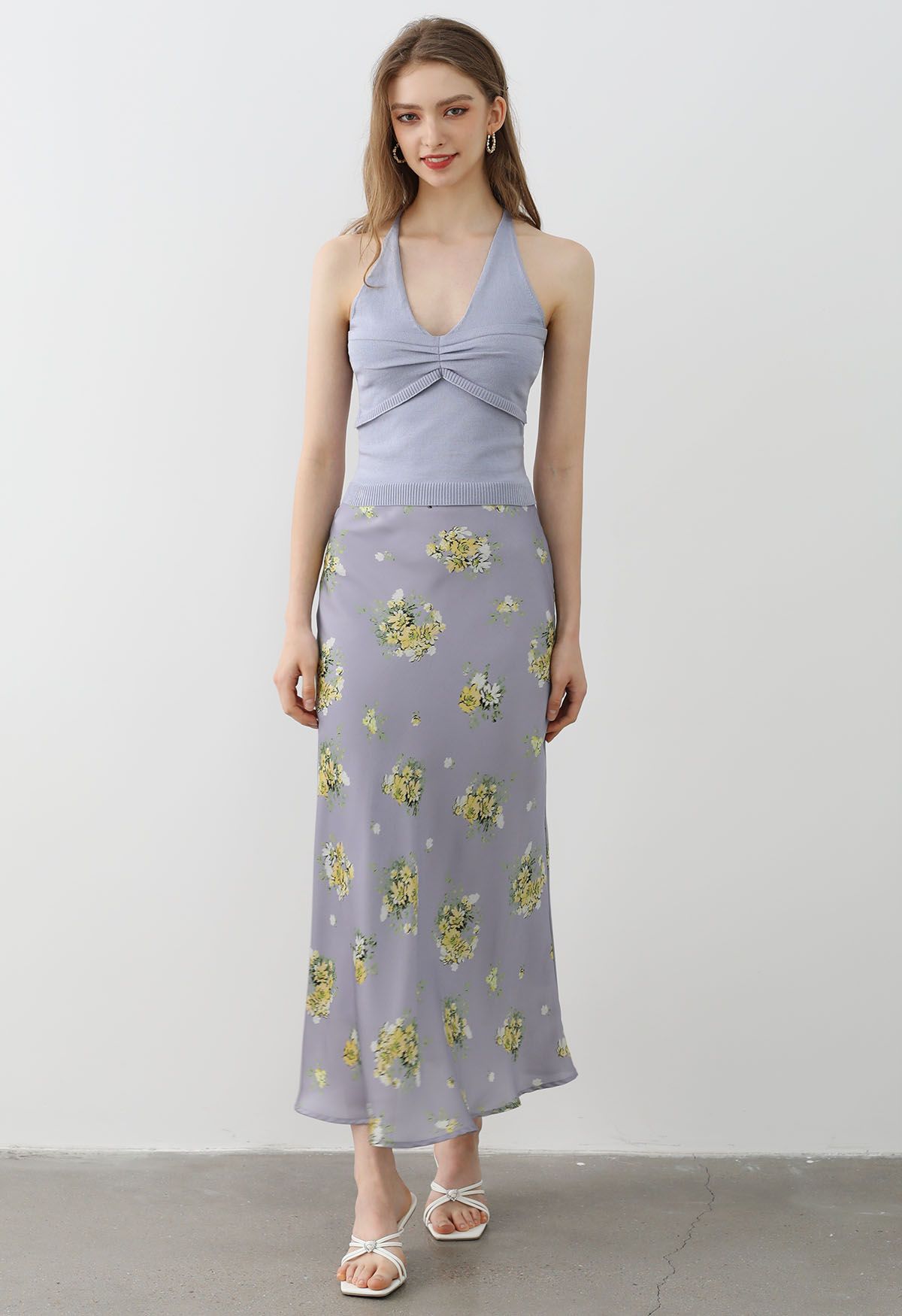 Summery Posy Print Maxi Skirt in Lavender