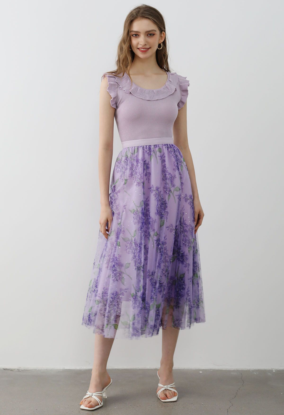 Shimmer Floral Mesh Tulle Midi Skirt in Purple