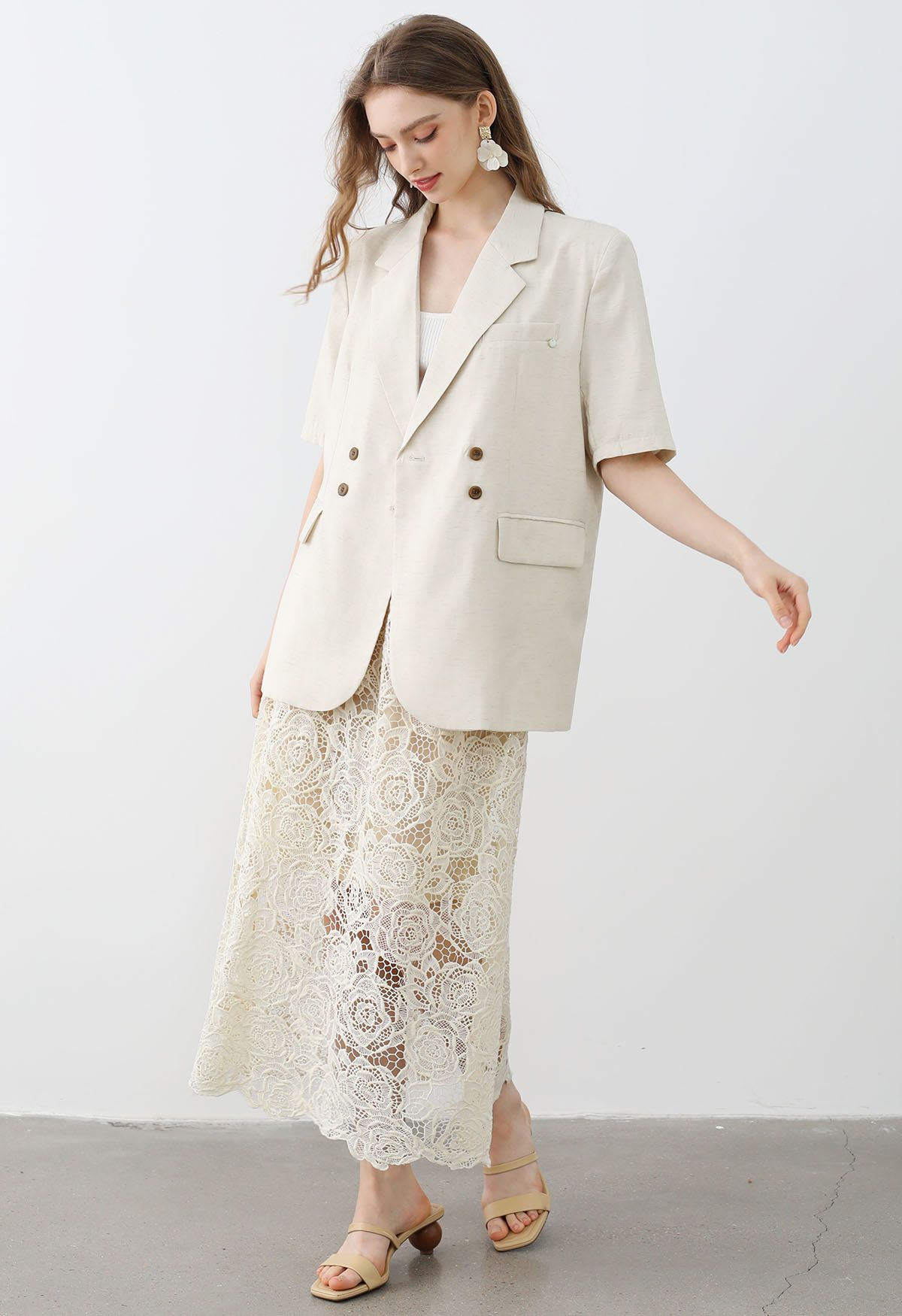 Slit Back Short Sleeve Linen-Blend Blazer in Ivory