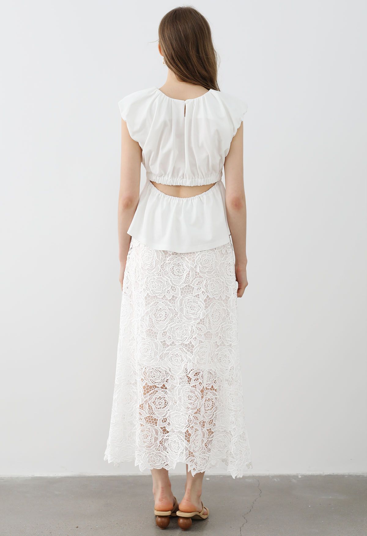 Exquisite Rose Cutwork Lace Maxi Skirt in White